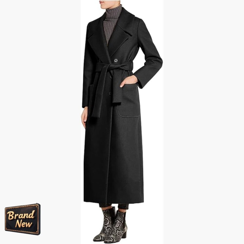 Wool Blend Double Breasted Overcoat With Belt, Lapel Collar, Ankle Length